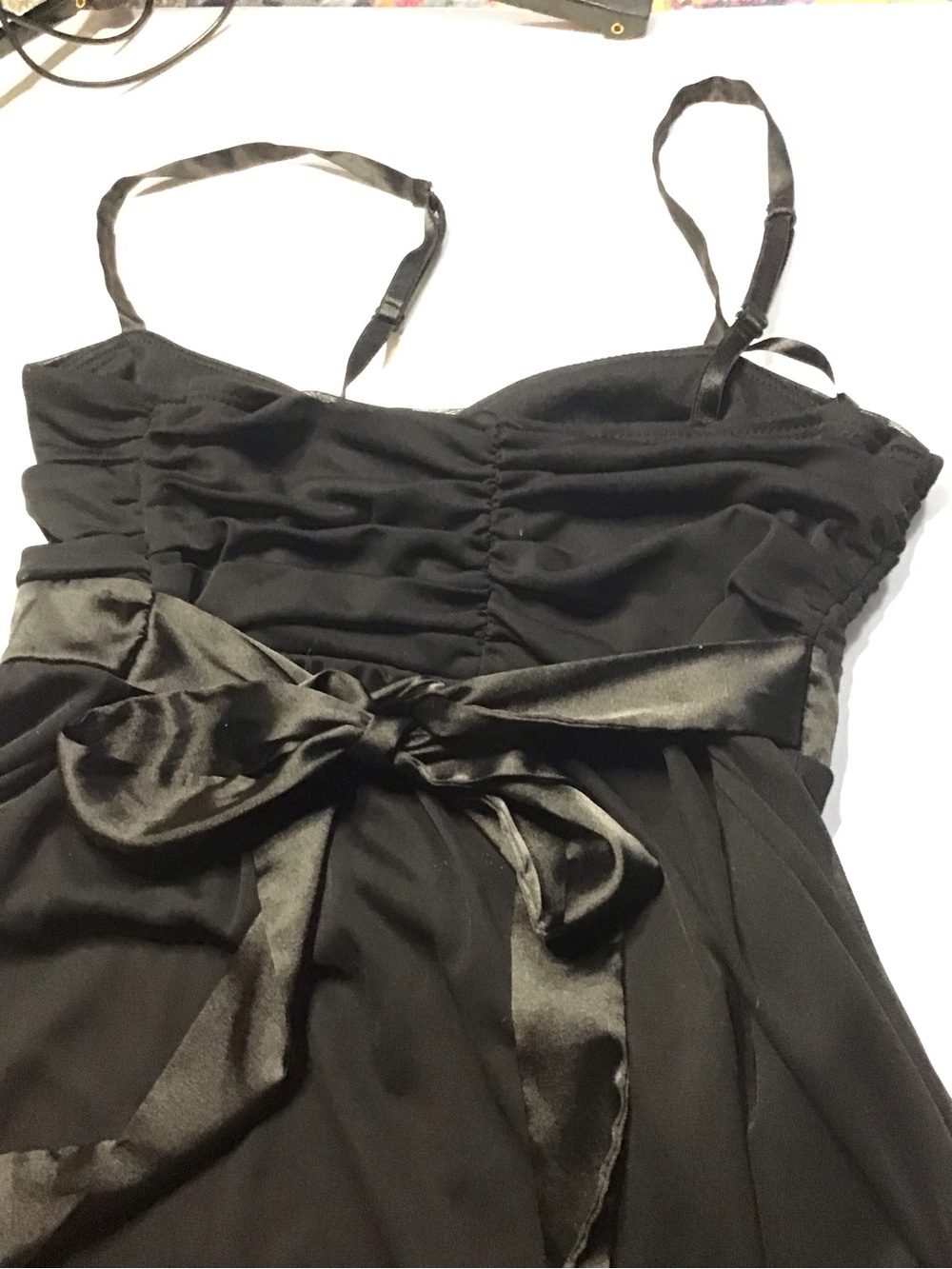 Black le Chateau stretchy Satin bow tie Trim Cocktail Dress size S/P - Picture 2 of 14